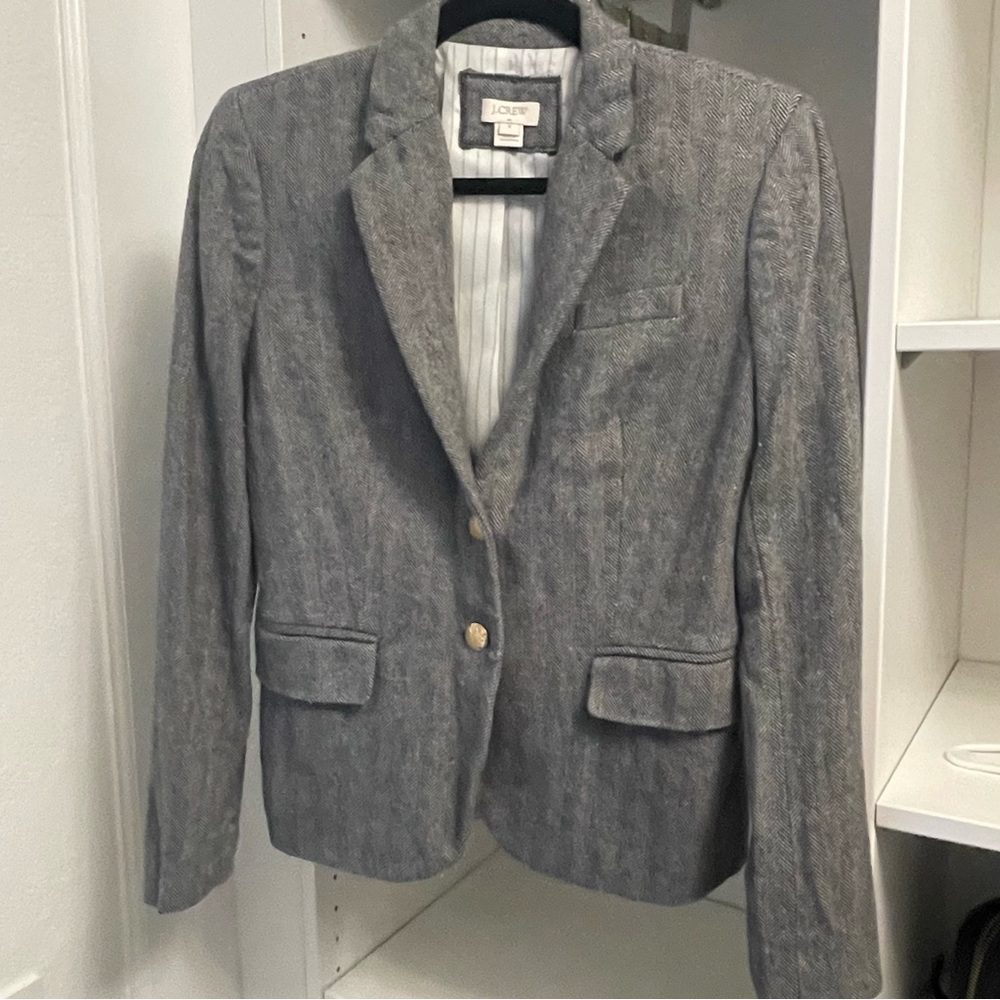 Wool blend herringbone blazer with gold buttons